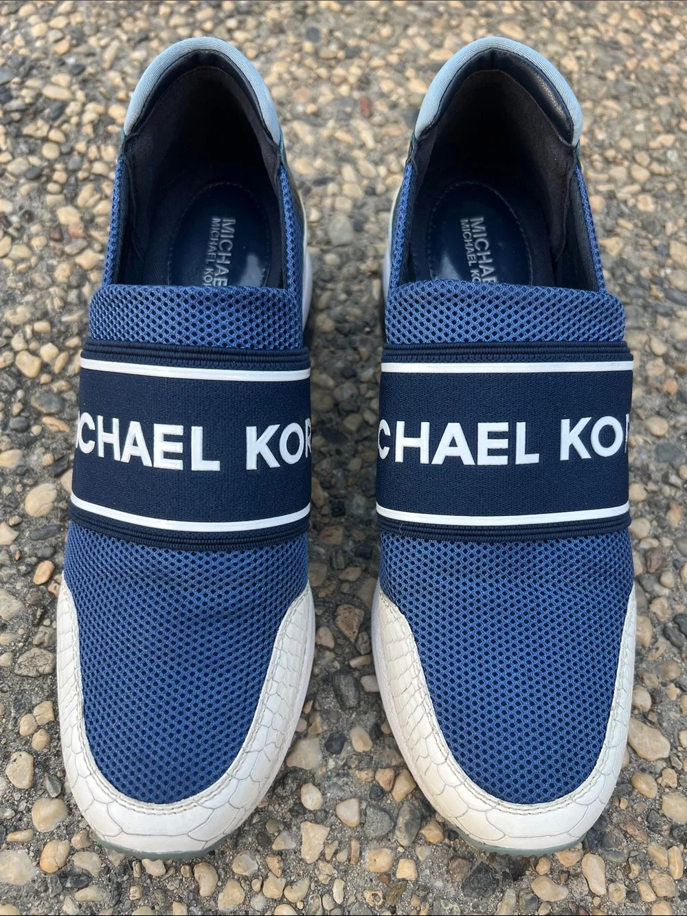 Michael Kors Felix Extreme Blue and White Mesh Slip-On Fashion Sneakers